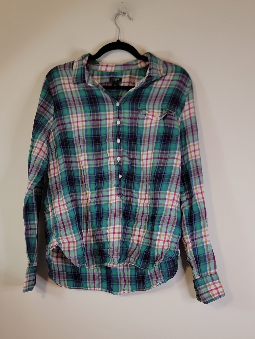 J. Crew Green & Blue Plaid Henley Button-Up Shirt